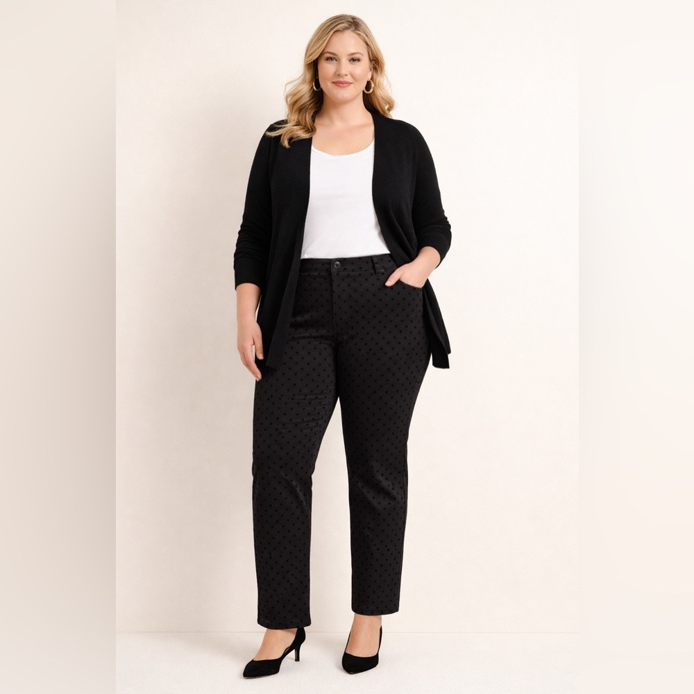 Talbots Womens Pant Plus Sz 20W Black Flocked Velvet Polka Dot Straight Stretch